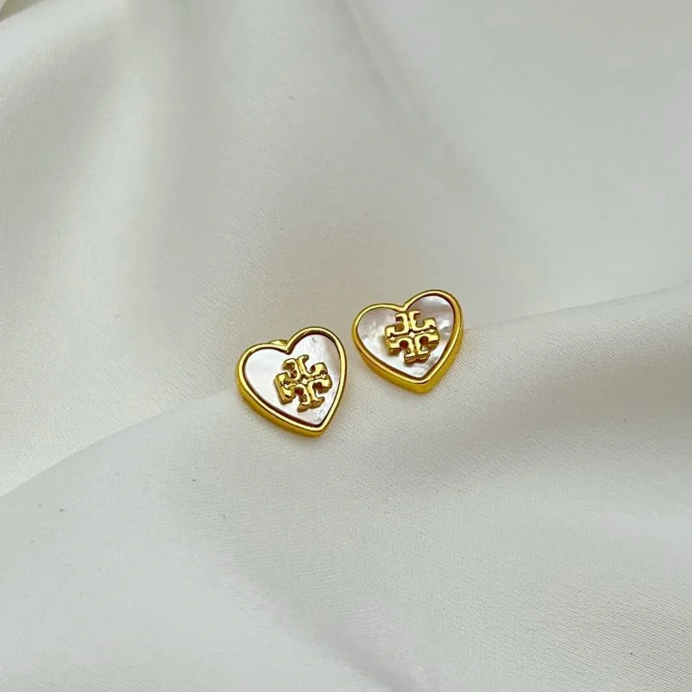 Tory Burch Gold and White Heart stud Earrings